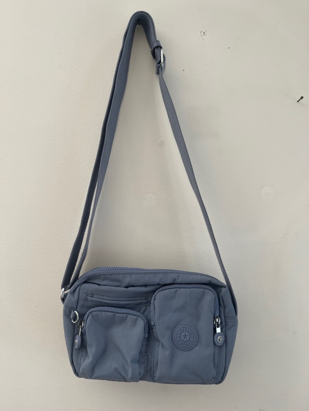 Kipling cargo Crossbody Bag in Dusty Blue pockets storage travel casual nylon